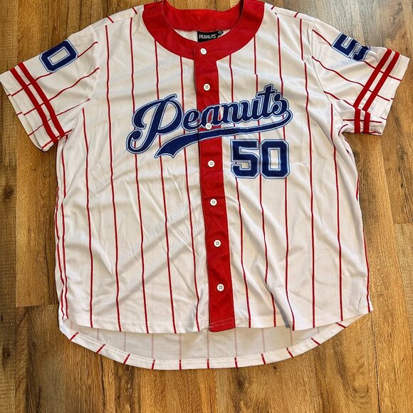 Peanuts Baseball Jersey Shirt Red Pinstripe #50 Button Front Unisex Adult Sz XXL - Picture 1 of 7